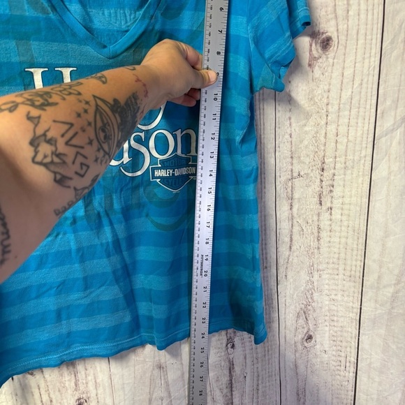 Vintage Harley-Davidson Blue Striped V-Neck Short sleeve T-Shirt Large - Picture 6 of 7